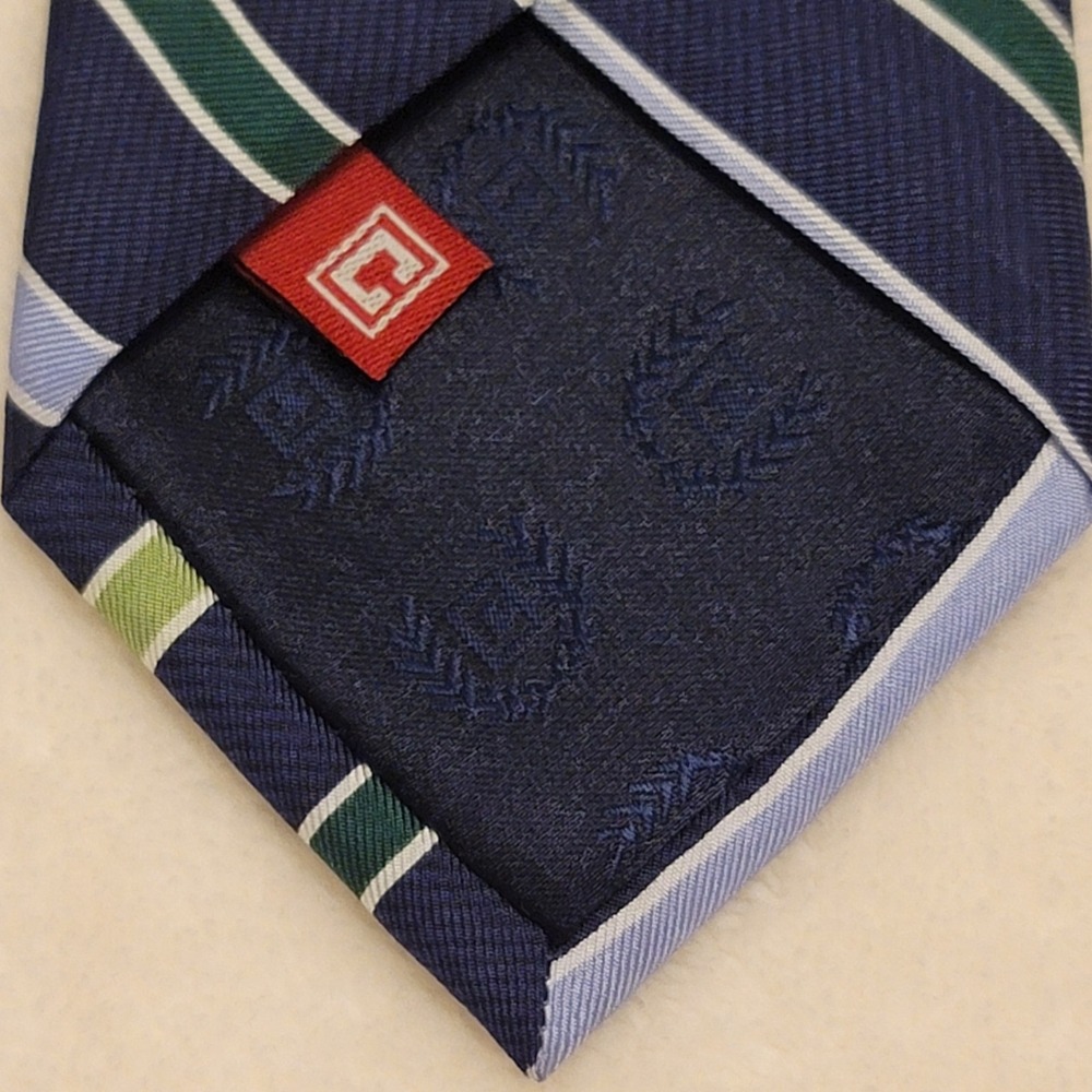 Chaps Silk Necktie Mens OS Navy Blue Green Striped Classic Hand Made Tie - Picture 7 of 8